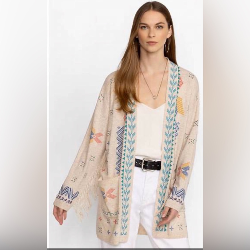 Johnny Was Katie long cardigan with fringed sleeves. NWT